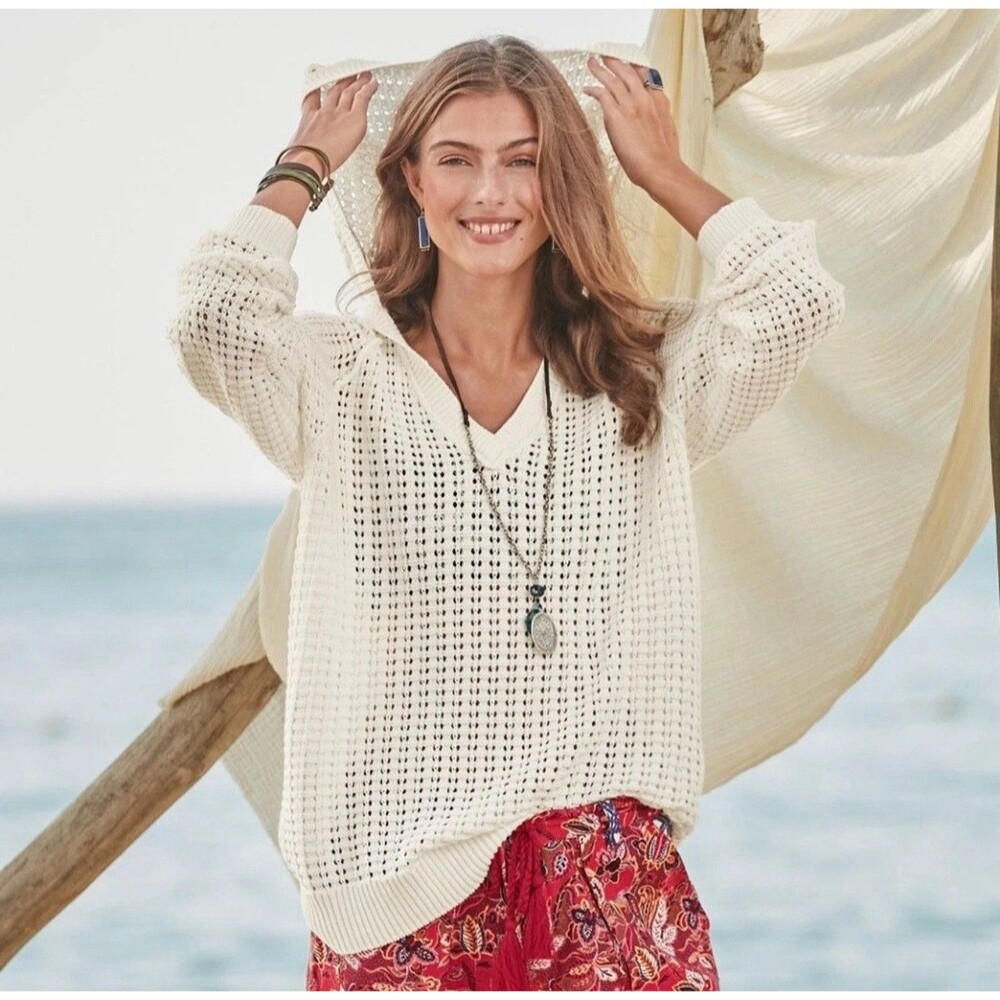 Sundance Hoodie Open-Knit White V-Neck Sweater: Calm Harbors